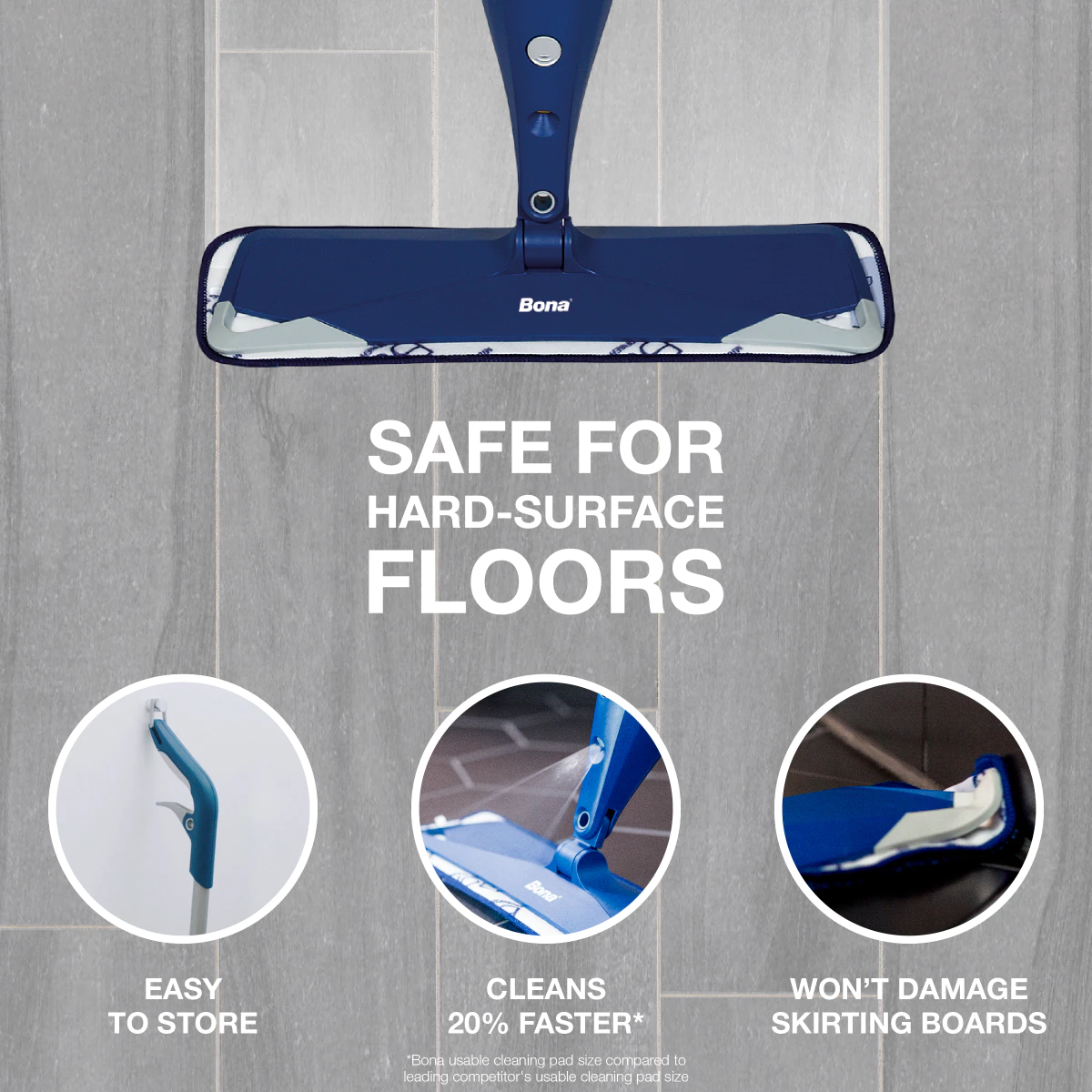 Spray mop Bona pentru suprafețe dure elimină găleata tradițională și curăță pardoselile laminate, din ceramică și piatră cu o simplă pulverizare și ștergere. Formula pH neutru se usucă rapid fără dâre.

Caracteristici produs:
• Rezervor reîncărcabil 850ml cu buton de ejectare rapidă pentru umplere ușoară
• Lavetă din microfibre patentată elimină 99% din bacteriile E. coli și Listeria
• Mâner ergonomic din spumă reduce oboseala în timpul curățărilor extensive
• Colțuri flexibile protejează mobilierul și plintele de deteriorări accidentale
• Agățătoare retractabilă pentru depozitare verticală optimizată

Vezi fisa tehnica: Spray mop pentru suprafețe dure cu rezervor reîncărcabil 850ml Bona