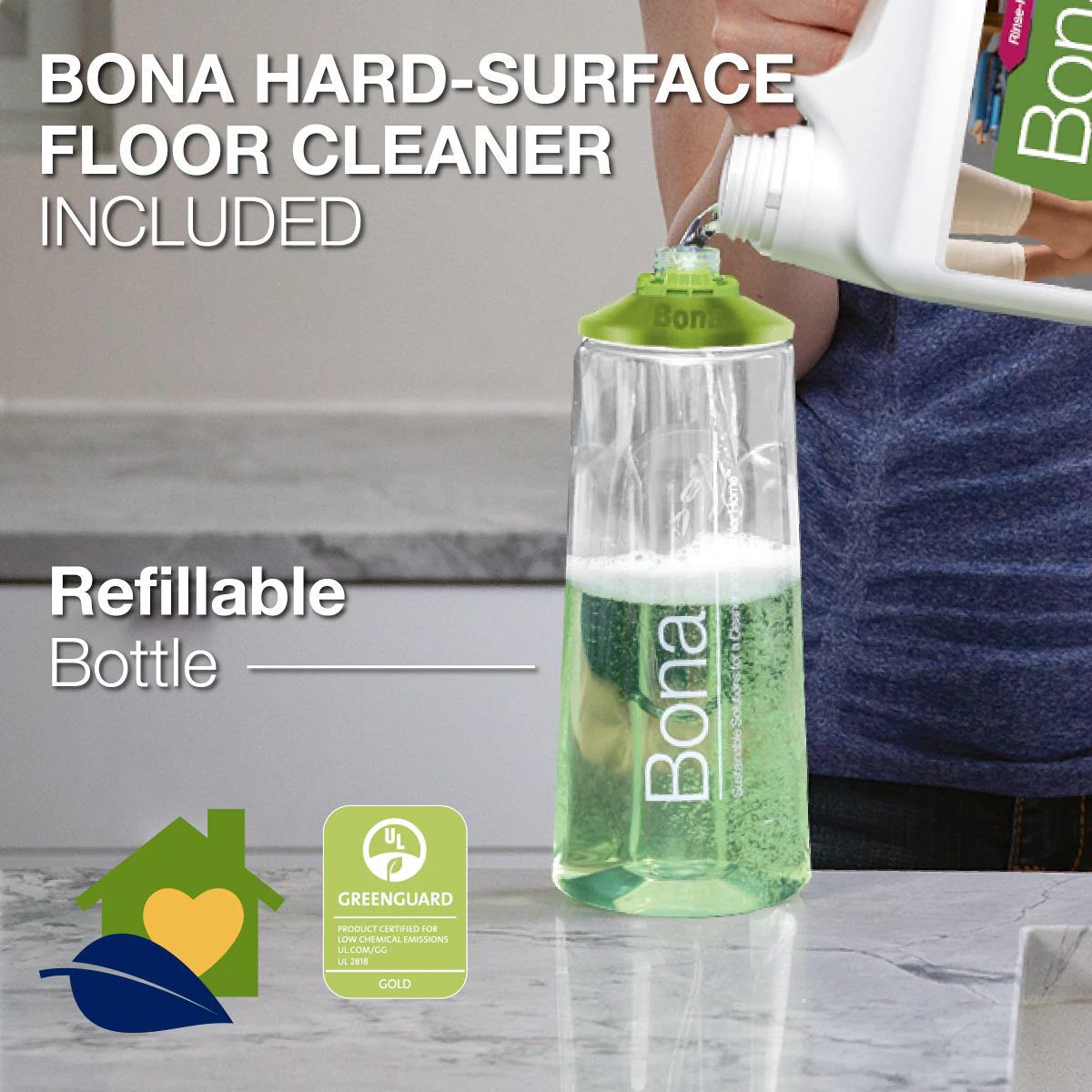 Spray mop Bona pentru suprafețe dure elimină găleata tradițională și curăță pardoselile laminate, din ceramică și piatră cu o simplă pulverizare și ștergere. Formula pH neutru se usucă rapid fără dâre.

Caracteristici produs:
• Rezervor reîncărcabil 850ml cu buton de ejectare rapidă pentru umplere ușoară
• Lavetă din microfibre patentată elimină 99% din bacteriile E. coli și Listeria
• Mâner ergonomic din spumă reduce oboseala în timpul curățărilor extensive
• Colțuri flexibile protejează mobilierul și plintele de deteriorări accidentale
• Agățătoare retractabilă pentru depozitare verticală optimizată

Vezi fisa tehnica: Spray mop pentru suprafețe dure cu rezervor reîncărcabil 850ml Bona