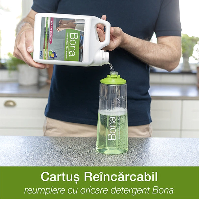 Detergentul rezerva premium Bona pentru suprafețe dure oferă curățenie rapidă și eficientă pentru ceramică, laminat și gresie, fără necesitatea clătirii sau lăsării urmelor.

Caracteristici produs:
• Rezerva reincarcabila  de 850ml compatibil cu sistemul Bona SprayMop
• Certificare GREENGUARD GOLD pentru siguranța familiei și calitatea aerului
• Formula pe bază de apă care nu necesită diluare sau măsurare
• Pulverizare controlată care reduce timpul de curățare cu 40%
• Depozitare ușoară la temperatura camerei până la 24 luni

Fișa tehnică: Bona Detergent Piatra, Laminat & Ceramica