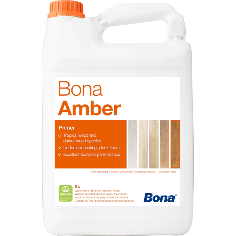 Grund poliuretanic pe bază de apă Bona Amber cu nuanțe de chihlimbar pentru pardoseli din lemn, monocomponent, 5L

Bona Amber este un grund poliuretanic pe bază de apă cu nuanțe chihlimbar, conceput să ofere o colorare bogată a lemnului similară cu cea a lacurilor tradiționale pe bază de solvenți, dar fără riscurile asociate acestora. Acest sistem de bază monocomponent transformă aspectul pardoselilor din lemn, conferind o nuanță caldă de chihlimbar care valorifică fibrele naturale ale lemnului și creează o bază uniformă pentru aplicarea finisajului final. Produsul românesc este recunoscut pentru proprietățile sale superioare de șlefuire și compatibilitatea cu sistemele de încălzire în pardoseală.

Formulat cu tehnologie avansată pe bază de apă, acest grund oferă toate avantajele estetice ale finisajelor clasice pe bază de solvenți, eliminând însă emisiile nocive și mirosurile puternice. Sistemul este certificat GREENGUARD pentru emisii reduse în interior, ceea ce confirmă siguranța sa pentru mediul de locuit și respectarea standardelor internaționale de calitate a aerului interior. Conform standardelor CE și reglementărilor europene, produsul îndeplinește toate cerințele pentru utilizarea în spații rezidențiale și comerciale.
Caracteristici Bona Amber cu nuanțe de chihlimbar pentru pardoseli din lemn



Caracteristică
Specificație




Tip produs
Grund poliuretanic pe bază de apă, nuanțat, monocomponent


Marca
Bona


Corp solid
32%


Culoare/Finisaj
Chihlimbar


Consum
8-10 m²/litru (100-120g/m² per strat)


Timp de uscare
1-2 ore la 20°C/60% umiditate relativă


Ambalaj
Bidon 5L (3 bidoane per bax)


Temperatură aplicare
Minimă 13°C, optimă 18-25°C


Umiditate aplicare
30-60% umiditate relativă


Diluție
Bona Retarder maximum 4%


Aplicare
Rolă Bona sau Aplicator cu cap pivotant


Clasificare siguranță
Neclasificat


Curățare unelte
Apă (material umed), acetonă (material uscat)


Valabilitate
Un an în ambalaj original nedeschis


Compatibilitate
Stejar și esențe închise, inclusiv specii tropicale


Certificări
GREENGUARD pentru emisii reduse



Sfaturi pentru aplicare și întreținere
Pentru aplicarea și întreținerea grundului Bona Amber cu nuanțe de chihlimbar trebuie respectate cu strictețe condițiile de mediu și procedurile de pregătire a suprafeței. Pardoseala trebuie pregătită prin șlefuire până la lemnul crud, eliminând complet praful, uleiul, ceara și alte contaminări pentru a asigura aderența optimă. Temperatura și umiditatea mediului influențează direct calitatea aplicării și timpul de uscare.

Procesul de aplicare necesită atenție deosebită la uniformitatea stratului și respectarea direcției fibrelor lemnului. Produsul se aplică în straturi subțiri pentru a evita acumulările care pot genera neuniformități de culoare sau probleme de uscare. Șlefuirea intermediară este obligatorie pentru eliminarea fibrelor ridicate și pentru obținerea unei suprafețe netede, pregătite pentru aplicarea lacului final.

 	Pregătirea suprafeței: Șlefuiți pardoseala până la lemnul crud folosind abraziv cu granulația 120 cu disc Bona Quattro sau echipament similar. Eliminați complet praful de șlefuire, uleiul, ceara și alte contaminări. Asigurați-vă că lemn este perfect uscat și aclimatizat la condițiile mediului de utilizare finală.
 	Condiționarea produsului: Aduceți produsul la temperatura camerei și agitați bine recipientul înainte de utilizare. Filtrați grundul prin filtrul extern fin furnizat pentru eliminarea particulelor nedispersate. Turnați produsul într-un recipient curat și uscat pentru aplicare.
 	Aplicarea uniformă: Aplicați grundul cu Rolă Bona sau Aplicator pivotant, respectând consumul de 8-10 m²/litru. Finisați aplicarea în direcția fibrelor lemnului, evitând acumulările de produs care pot genera pete sau neuniformități de culoare.
 	Uscarea controlată: Lăsați grundul să se usuce 1-2 ore la temperatura de 18-25°C și umiditatea relativă de 30-60%. În condiții uscate sau calde, adăugați maximum 4% Bona Retarder pentru prelungirea timpului de lucru și reducerea riscului de suprapunere.
 	Șlefuirea intermediară: După uscare, șlefuiți suprafața cu sistemul Bona Scred sau plasă abrazivă granulația 120-150 pentru eliminarea fibrelor ridicate. Îndepărtați complet praful rezultat înainte de aplicarea stratului următor sau a lacului final.

De ce să alegi grundul Bona Amber cu nuanțe de chihlimbar pentru pardoseli din lemn?
Spre deosebire de grundurile clasice transparente, Bona Amber oferă o colorare distinctivă de chihlimbar care transformă aspectul pardoselii chiar din prima aplicare. Tehnologia pe bază de apă elimină riscurile asociate solvenților, permițând utilizarea în spații locuite fără necesitatea ventilației intensive sau evacuării temporare. Certificarea GREENGUARD confirmă emisiile reduse de compuși organici volatili, making it suitable pentru persoane sensibile sau copii.

Formularea avansată asigură proprietăți superioare de șlefuire, reducând efortul necesar pentru obținerea unei suprafețe perfect netede. Compatibilitatea cu sistemele de încălzire în pardoseală și cu pardoselile mobile (dușumele și lemn în ștorț) extinde gama de aplicații posibile. Grundul funcționează optim pe stejar și esențe închise de lemn, inclusiv specii tropicale cum ar fi Teak, Ipe, Wenge, oferind rezultate consistente chiar și pe lemn cu conținut ridicat de tanin sau uleiuri naturale.
Cui nu i se potrivește grundul Bona Amber cu nuanțe de chihlimbar? Acest produs nu este recomandat pentru lemn deja tratat cu vopsele, uleiuri sau alte lacuri, deoarece se aplică exclusiv pe lemn brut. Dacă aveți nevoie de un grund pentru lemn deja finisajat, vă sugerăm să explorați gama noastră de produse din categoria preparare suprafețe tratate.
Întrebări Frecvente (FAQ) despre grundul Bona Amber cu nuanțe de chihlimbar pentru pardoseli din lemn

 	Pot aplica grundul Bona Amber direct peste un lac vechi fără șlefuire completă? Răspuns: Nu se recomandă aplicarea directă peste lacuri existente. Grundul Bona Amber trebuie aplicat exclusiv pe lemn brut pentru a asigura aderența optimă și rezultatul estetic dorit. Șlefuirea completă până la lemnul crud este obligatorie pentru eliminarea oricărui finisaj anterior și pentru expunerea porilor lemnului.
 	Cum afectează umiditatea ridicată timpul de uscare și ce măsuri pot lua? Răspuns: Umiditatea ridicată poate prelungi semnificativ timpul de uscare de la 1-2 ore la 4-6 ore sau mai mult. Pentru accelerarea procesului, asigurați ventilația adecvată, utilizați dezumidificatoare și evitați aplicarea în zile foarte umede. Respectați întotdeauna intervalul minim de uscare înainte de șlefuirea intermediară.
 	De ce se ridică fibra lemnului după aplicarea grundului și este normal? Răspuns: Ridicarea fibrei este un fenomen normal cauzat de umezirea lemnului cu grundul pe bază de apă. Aceasta este motivul pentru care șlefuirea intermediară cu granulația 120-150 este obligatorie după uscarea grundului. Procesul elimină fibrele ridicate și pregătește suprafața pentru aplicarea lacului final.
 	Pot utiliza grundul Bona Amber ca finisaj final fără aplicarea unui lac peste? Răspuns: Nu, grundul Bona Amber nu trebuie utilizat niciodată ca tratament final pentru pardoselile din lemn. Acesta este conceput ca bază pentru lacul final și nu oferă protecția necesară pentru traficul pedestru. Aplicarea unui lac compatibil din gama Bona este obligatorie pentru finalizarea corespunzătoare a sistemului.
 	Cât timp pot lăsa grundul aplicat înainte de aplicarea lacului fără să fie necesară reprepararea? Răspuns: Lacul poate fi aplicat fără șlefuire suplimentară în termen de maximum 24 de ore de la aplicarea grundului Bona Amber. După această perioadă, este necesară o șlefuire ușoară pentru reactivarea suprafeței și asigurarea aderenței optime între straturi.

Grundul poliuretanic Bona Amber cu nuanțe de chihlimbar transformă pardoselile din lemn într-un element central al designului interior, oferind o bază caldă și uniformă care valorifică frumusețea naturală a fibrelor. Investiția în acest sistem profesional de pregătire asigură durabilitatea și aspectul impecabil al pardoselii pe termen lung, reducând necesitatea renovărilor frecvente. Contactați specialiștii noștri pentru recomandări personalizate despre sistemul complet de finisare potrivit pentru proiectul dvs.

Politică de Garanție și Retur: Produsele chimice pentru pardoseli pot fi returnate în termen de 14 zile lucrătoare conform OUG nr. 34/2014, dacă sunt în ambalajul original nedeschis, cu etichetele intacte, fără urme de utilizare. Atenție: Produsele deschise sau parțial utilizate nu pot fi returnate din motive de siguranță și igienă.

Avertisment de siguranță: Pentru aplicarea acestui produs se recomandă utilizarea echipamentelor de protecție individuală (mănuși, ochelari de protecție), asigurarea ventilației adecvate și respectarea instrucțiunilor de pe etichetă. Consultați fișa de securitate pentru informații complete despre manipulare și depozitare.

Notă Importantă: Fiind un produs pe bază de apă pentru lemn natural, pot exista mici variații de nuanță între loturi sau în funcție de specia de lemn, fără a afecta calitatea și funcționalitatea produsului.

Etichete: grund lemn chihlimbar, finisaj pardoseală stejar, sistem poliuretanic apă, grund colorat lemn, finisare pardoseală profesională, Bona grunduri lemn

Fișa tehnică: Bona Amber GRUND PE BAZĂ DE APĂ
