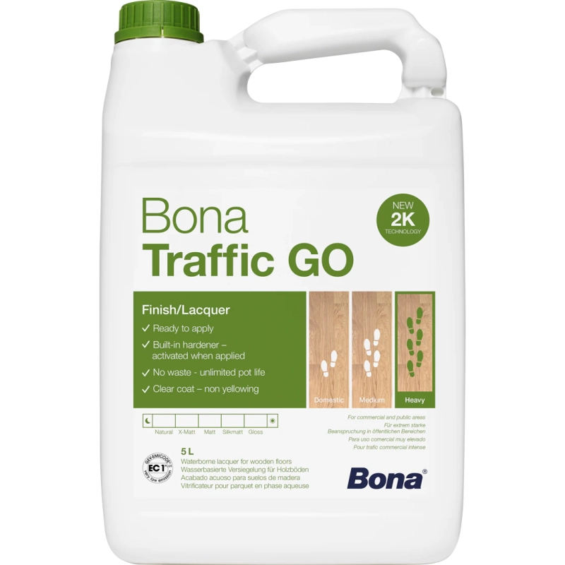 Lacul bicomponent Bona Traffic GO cu întăritor integrat oferă protecție avansată pentru pardoselile de lemn prin tehnologia 2K și sistemul „Shake & Go" care elimină amestecarea.

Caracteristici produs:
• Aplicare directă din bidon fără măsurare sau amestecare de componente
• Uscare rapidă în 2-3 ore și utilizare completă după 24 ore
• Certificat EMICODE EC1 Plus și GREENGUARD Gold pentru emisii reduse
• Rezistență sporită la trafic pietonal intens în spații comerciale și rezidențiale
• Consum eficient de 8-10 m²/litru cu aplicare uniformă prin rolă

Fișă tehnică: Bona Traffic GO STRAT DE ACOPERIRE PE BAZĂ DE APĂ CU AUTO-RETICULARE