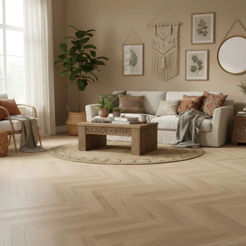 Parchetul triplu stratificat stejar crem-alb Oak Balos Herringbone 130x725x14 mm combină căldura lemnului natural cu stabilitatea structurală, compatibil cu încălzirea în pardoseală.

Caracteristici produs:
• Finisaj periat cu lac mat pentru textura naturală accentuată
• Montaj în model os de pește pentru eleganță clasică
• Rezistent la variații de umiditate și temperatură
• Noduri discrete care conferă caracter autentic lemnului
• Transfer uniform de căldură pentru confort termic optim