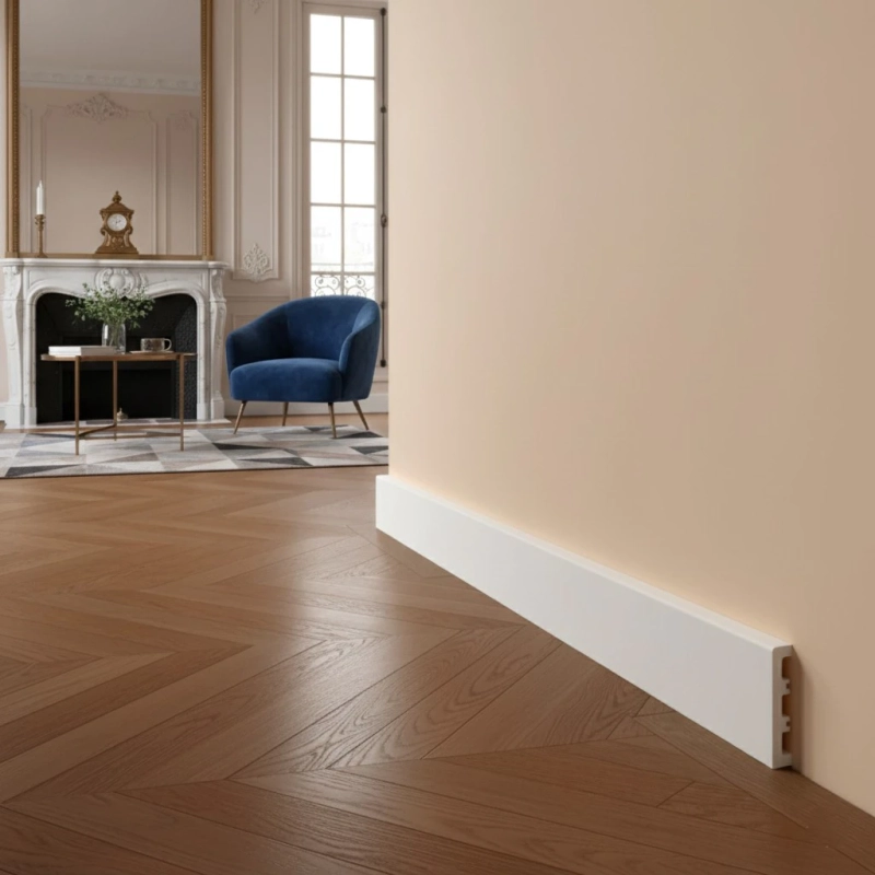 Plinta din polimer albă Apatit PPAP80, 2200x80x16mm, cu profil plat minimalist, rezistentă la umiditate și adaptabilă la imperfecțiunile pereților pentru finisaje moderne.

Caracteristici produs:
• Material polimer de înaltă densitate care nu se deformează
• Suprafață netedă, fără pori, pentru curățare facilă
• Posibilitate de vopsire cu vopsele pe bază de apă
• Flexibilitate controlată pentru adaptare la neregularități
• Fabricată în România conform standardelor de calitate