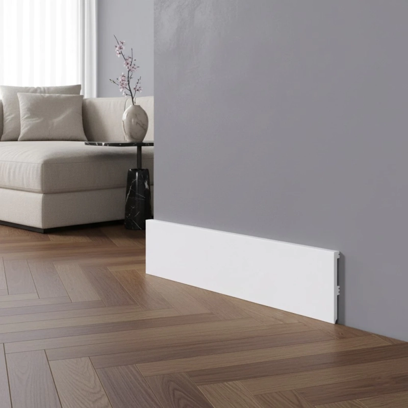 Plinta din polimer dur albă Polimer Rubin 100, 100x12x2200 mm, cu profil plat minimalist pentru finisarea modernă a joncțiunii pardoseală-perete, rezistentă la umiditate.

Caracteristici produs:
• Rezistentă la umiditate și impact, potrivită pentru bucătării și băi
• Profil subțire de 12 mm care se lipește discret de perete
• Suprafață netedă care nu atrage praful și se curăță cu laveta umedă
• Permite mascarea cablurilor subțiri pentru un aspect ordonat
• Construcție din polimer dur care nu se deformează la variații de temperatură