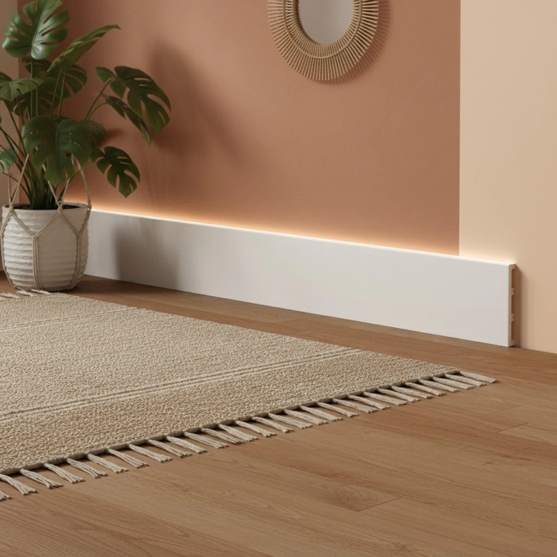 Plinta polimer albă Apatit PPAP120, 120x16x2200 mm, cu profil drept modern, rezistă la umiditate și permite managementul cablurilor prin caneluri speciale.

Caracteristici produs:
• Compoziție din polimer dur cu stabilitate dimensională superioară
• Caneluri pe spate pentru montaj solid și ascunderea cablurilor
• Suprafață netedă care poate fi vopsită cu vopsele pe bază de apă
• Fabricație românească adaptată cerințelor pieței locale
• Înălțime de 120 mm pentru accentuarea vizuală a spațiului