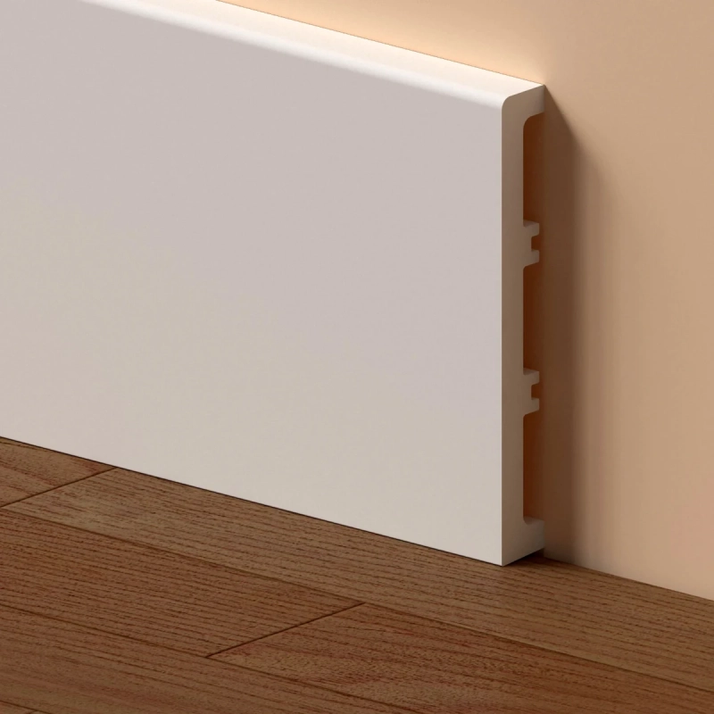 Plinta polimer albă Apatit PPAP120, 120x16x2200 mm, cu profil drept modern, rezistă la umiditate și permite managementul cablurilor prin caneluri speciale.

Caracteristici produs:
• Compoziție din polimer dur cu stabilitate dimensională superioară
• Caneluri pe spate pentru montaj solid și ascunderea cablurilor
• Suprafață netedă care poate fi vopsită cu vopsele pe bază de apă
• Fabricație românească adaptată cerințelor pieței locale
• Înălțime de 120 mm pentru accentuarea vizuală a spațiului