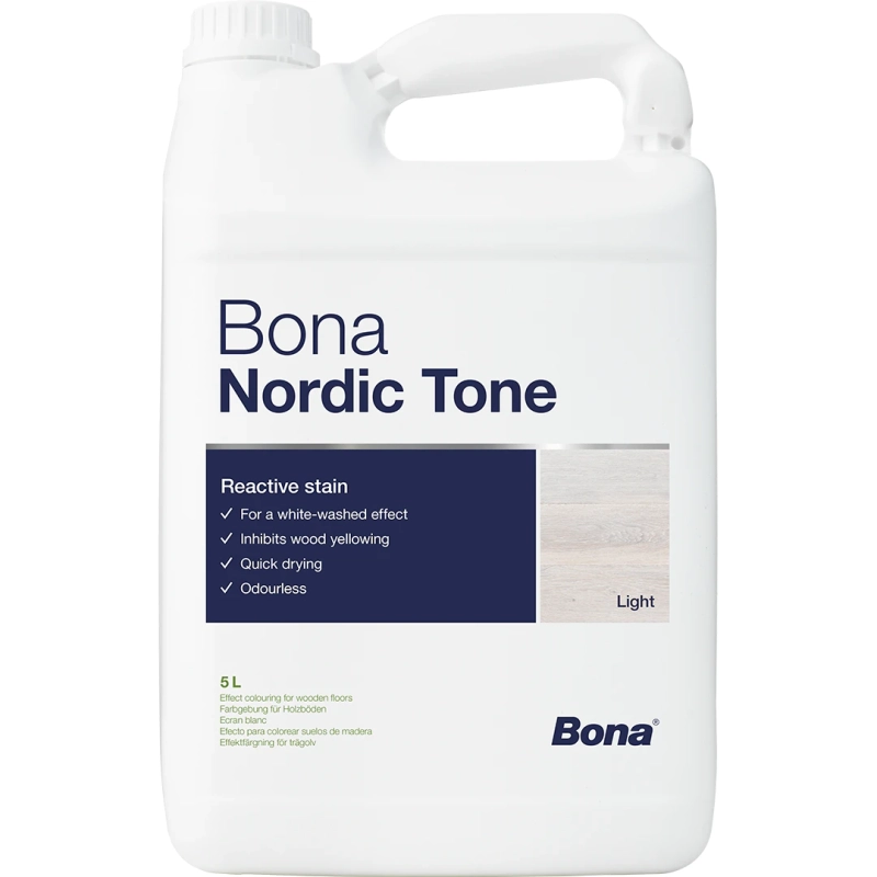 Uleiul Bona Nordic Tone intensifică nuanța albă naturală a parchetului și inhibă îngălbenirea lemnului, oferind o bază uniformă pentru finisajele ulterioare pe toate esențele.

Caracteristici produs:
• Se aplică cu consum de 8-10 m²/litru folosind aplicator profesional sau pensulă lată
• Uscare rapidă între straturi în 1-2 ore la temperatura camerei
• Compatibil cu sistemele de încălzire în pardoseală până la 27°C
• Formula pe bază de apă fără miros neplăcut, pH ușor alcalin
• Ambalaj de 5 litri cu valabilitate de 3 ani în condiții optime de depozitare

Fisa tehnica: Bona Nordic Tone