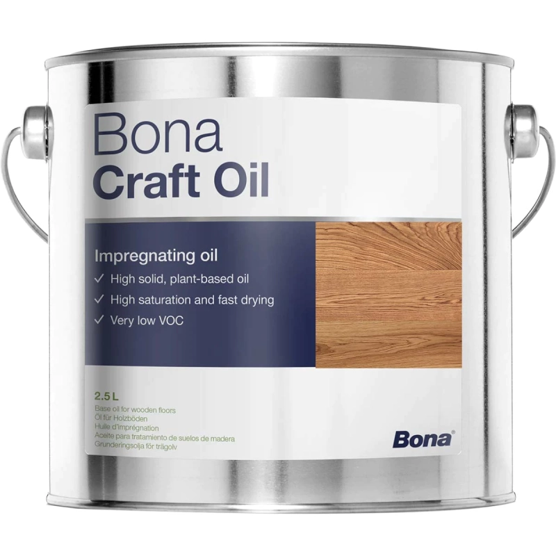 Uleiul pentru lemn Bona Craft Oil neutru 2,5L protejează pardoselile și mobilierul cu o formulă pe bază de uleiuri vegetale modificate, fără miros puternic și cu uscare rapidă în doar 15-30 minute între aplicări.

Caracteristici produs:
• Consum economic de doar 20 m²/L pentru saturare completă
• Aplicare ușoară cu aplicator de cauciuc sau pad de lână
• Sigur pentru mobilierul copiilor conform standardului EN 71-3
• Păstrează aspectul natural al lemnului fără îngălbenire
• Depozitare stabilă 3 ani la temperaturi între +5°C și +25°C

Fișă tehnică: Bona Craft Oil